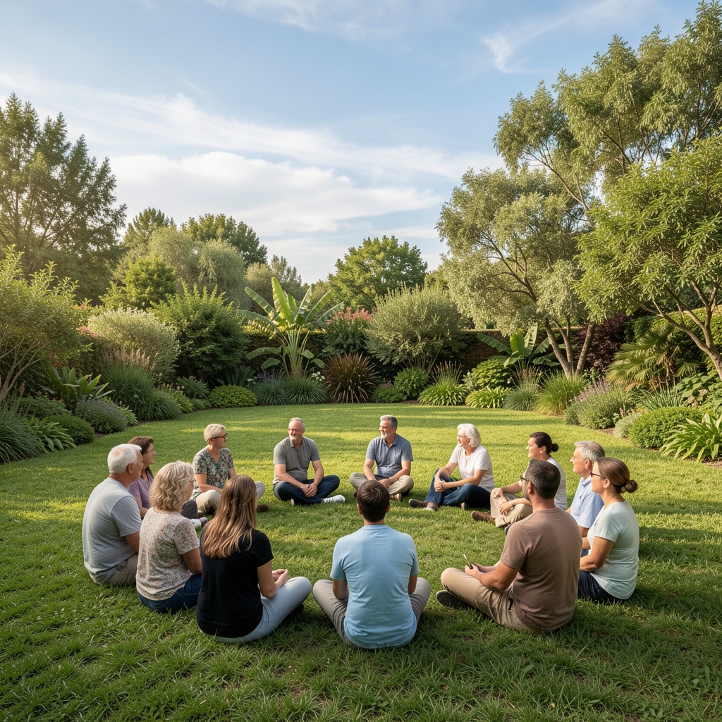 Amplia vista de un grupo de personas adultas de distintas edades reunidas en un espacio abierto al aire libre con vegetación exuberante, sentadas en círculo sobre cesped verde, compartiendo una conversación tranquila bajo un cielo azul con nubes suaves y luz de media mañana