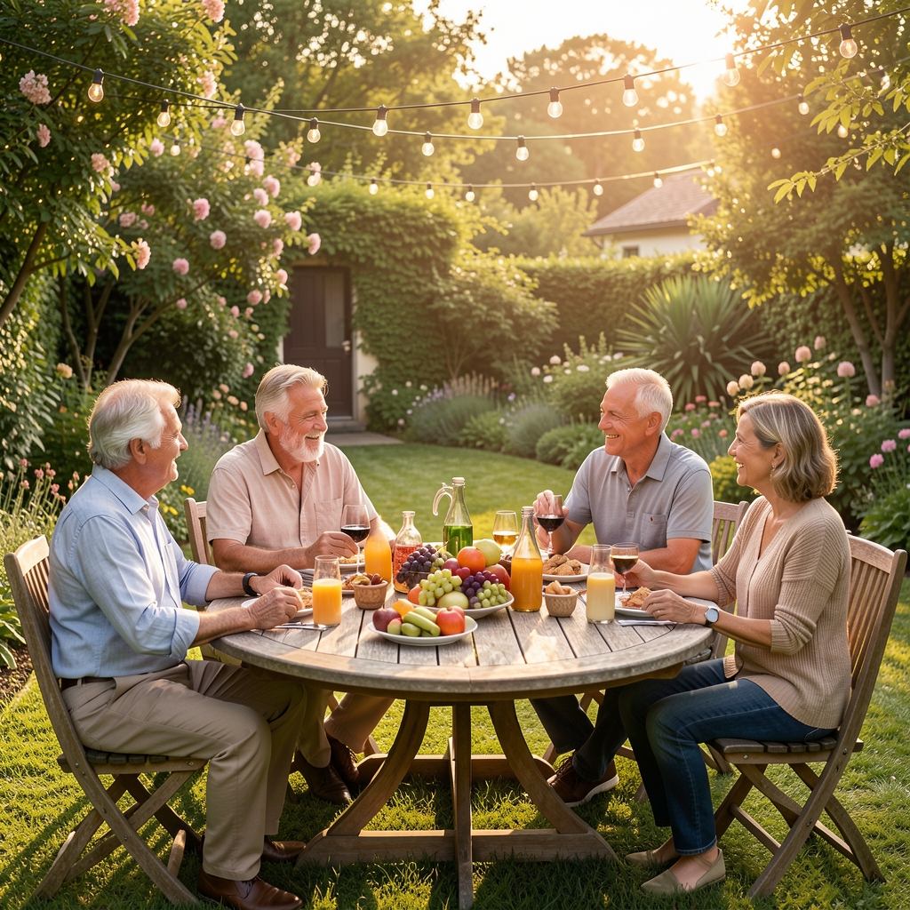 Grupo de cinco personas adultas de edades variadas entre 35 y 60 años sentadas alrededor de una mesa redonda de madera en un jardín privado, compartiendo merienda con frutas y bebidas naturales, ambiente cálido de tarde soleada con luces de guirnalda