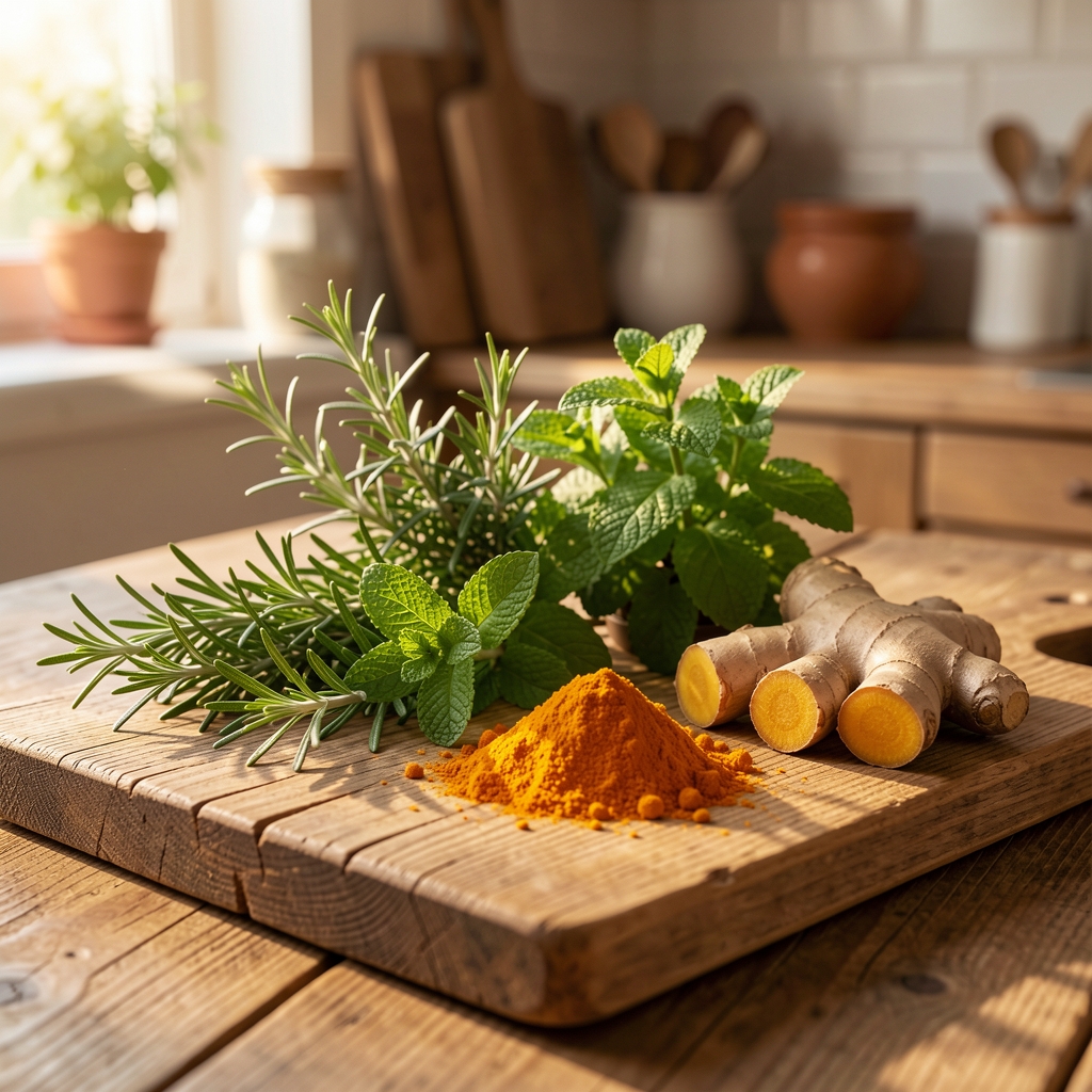 Selección de plantas aromáticas y hierbas medicinales frescas sobre una tabla de madera rústica: romero, menta, cúrcuma en polvo y jengibre fresco con luz lateral cálida y ambiente de cocina natural