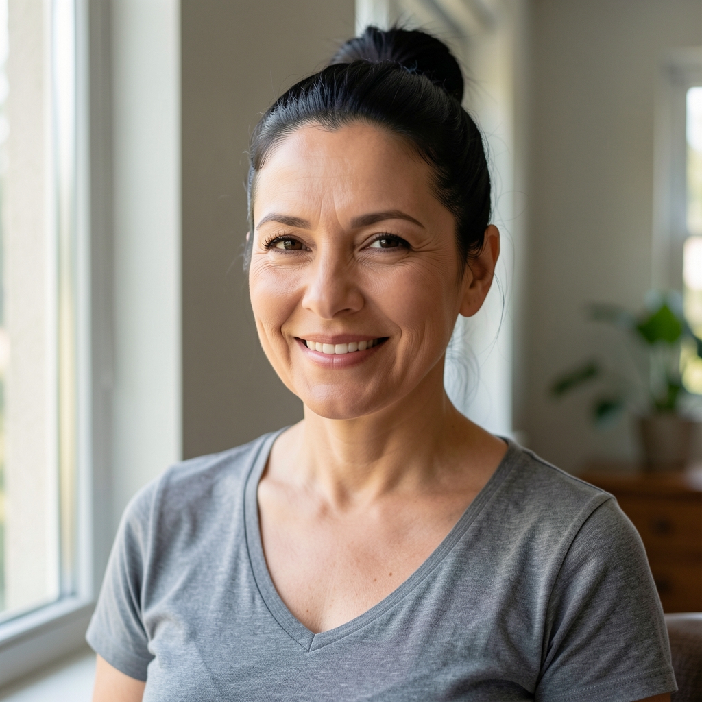 Mujer de unos 50 años con pelo negro recogido en moño, piel luminosa sin maquillaje excesivo, sonriendo serenamente en interiores con luz natural suave proveniente de una ventana lateral