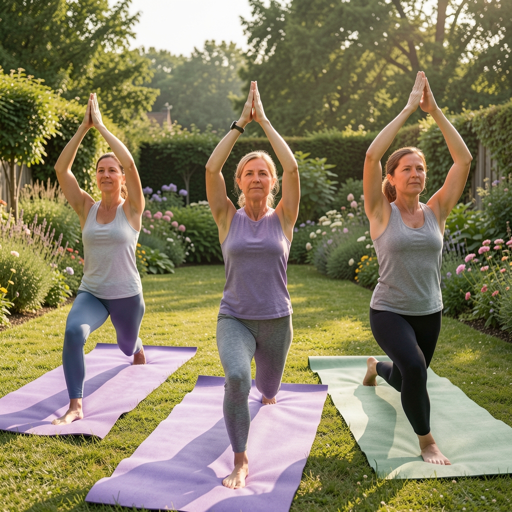 Grupo de tres mujeres de entre 40 y 55 años practicando yoga en una clase al aire libre sobre tapetes morados y verdes, con fondo de jardín y luz matutina natural