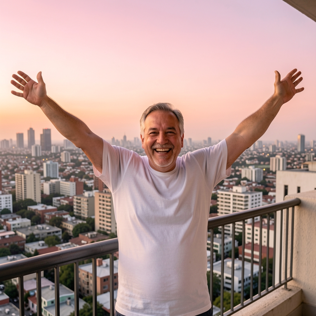 Hombre de unos 55 años con camiseta blanca, sonriendo ampliamente mientras estira los brazos al aire libre en un balcón con vista a la ciudad de México al amanecer con cielo rosado