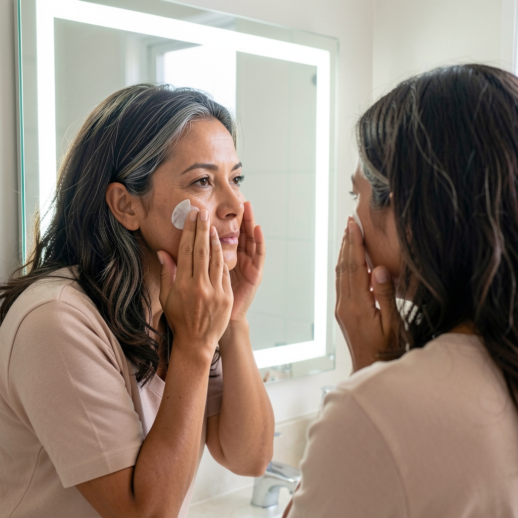 Mujer de unos 43 años con rasgos latinoamericanos, cabello oscuro con algunas canas naturales, aplicándose crema facial frente a un espejo de baño luminoso con luz natural blanca suave